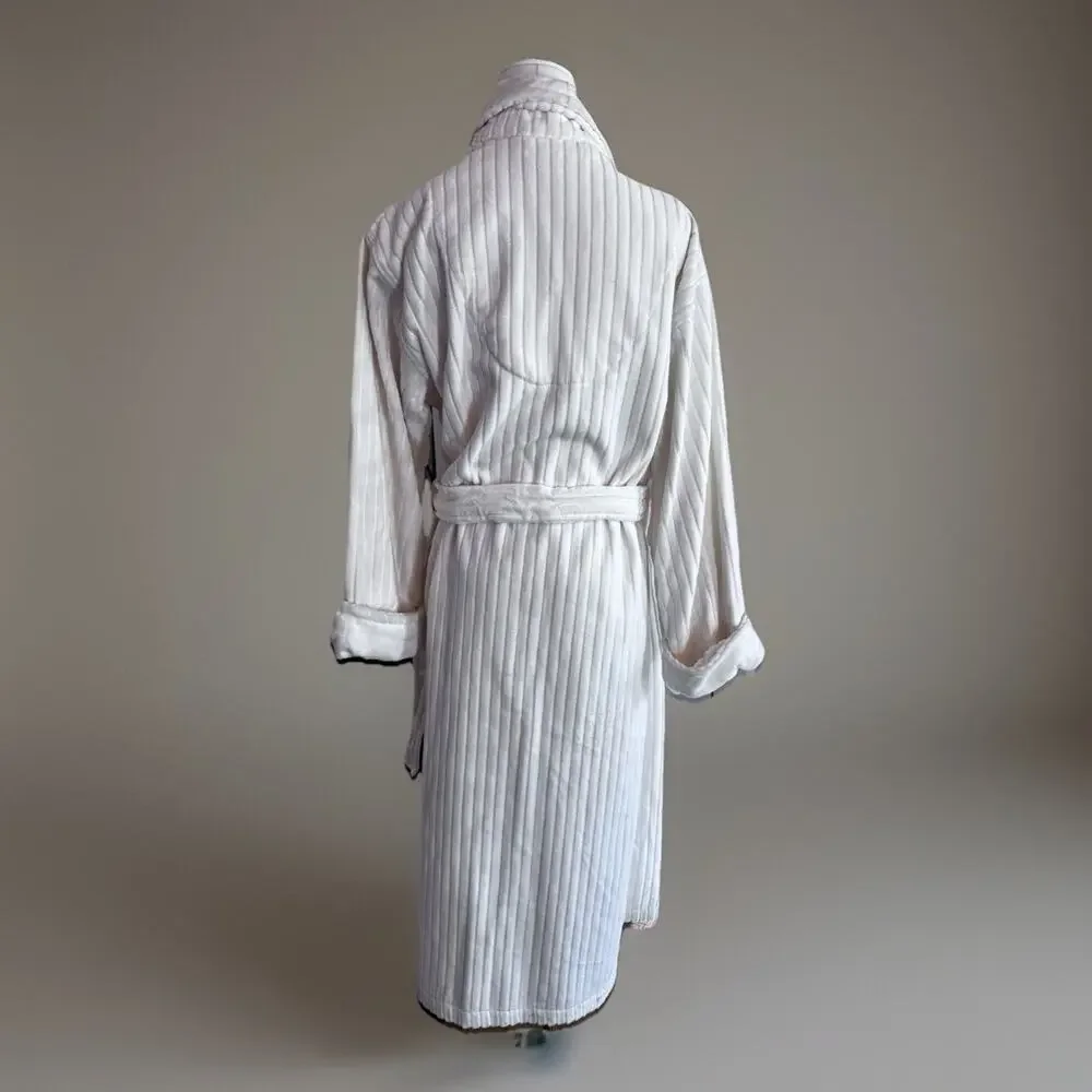 LAURA ASHLEY Robe Ivory Ribbed Belted Fluffy Long Sleeve OSFM 100% Cotton